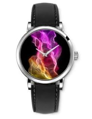 SPRAWL Aanalog Fashion Series Silver Ladies Watches of Genuine Black Leather Strap,Unique Wrist Watch for Women Girls Designed with colorful flame