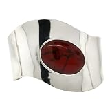 Sterling Silver Oval Red Jasper Inlay Wave Cuff Bracelet