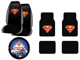 A Set of 4 Universal Fit Superman Classic Red and Yellow Shield Plush Carpet Floor Mats and 1 Comfort Grip Steering Wheel Cover and A Set of 2 Universal Fit Seat Covers