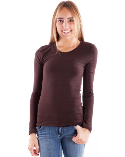 Woman Brown Plain Long Sleeve T-Shirt Crew Neck