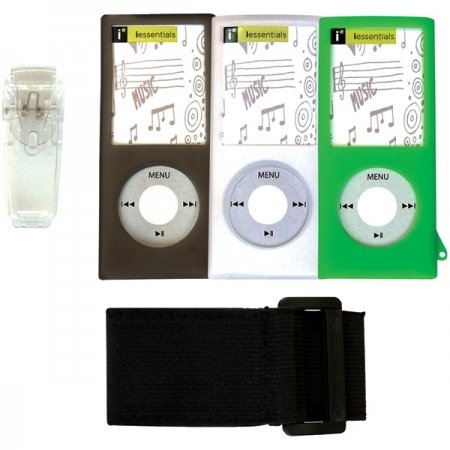 iEssentials Skin Case with Belt Clip and Armband for iPod Nano 4G (Black Clear Green)