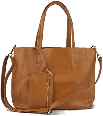 Genuine Soft Pebble Leather Tote Bag with Removable Lining and Adjustable Shoulder Strap (Camel)
