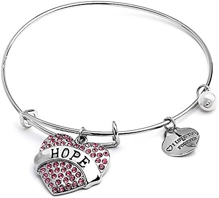 Hope Heart Pendent Bangle Paved Pink Rhinestones Charm Bracelet (Best Gift for BFF Girls,Teens,Women)