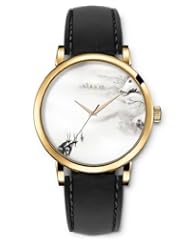 SPRAWL Aanalog Fashion Series Gold Ladies Watches of Genuine Black Leather Strap,Unique Wrist Watch for Women Girls Designed with Deer in the cloudy city