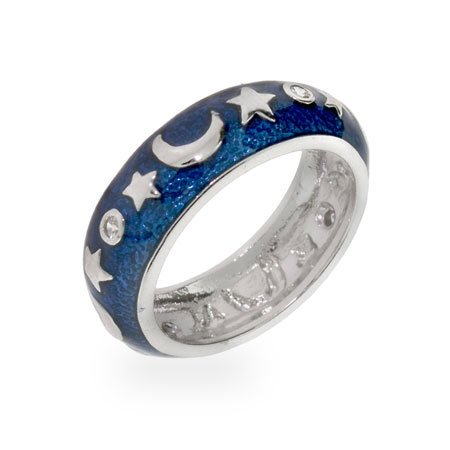 Eve's Addiction Designer Inspired Moon and Stars Blue Enamel Ring