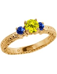 0.81 Ct Round Canary Diamond Blue Sapphire 14K Yellow Gold 3-Stone Ring