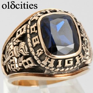 10K Yellow Gold 6.2 Ct Created Sapphire Bartlett High 1988 Class Ring - OldCities Estate Jewelry