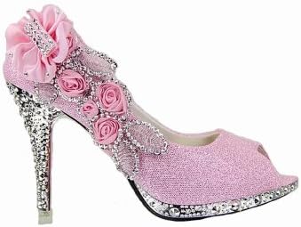 WeenFashion Women's Shiny Pumps with Rose Floriation, Pink, 5.5 B(M) US