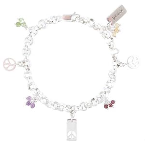 Peace Sign Charm Bracelet in Sterling Silver with Citrine, Garnet, Amethyst and Peridot Gemstone Beads on a 7 1/2" Rolo Chain, #8217