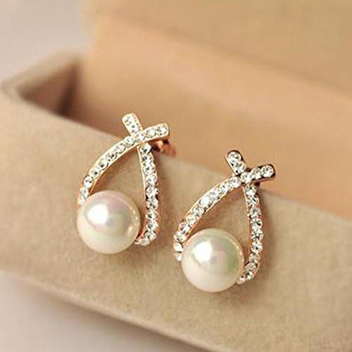 Lover dreams 25 new and simple elegant temperament all-match Korean new cross diamond pearl stud earrings earrings