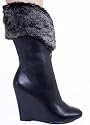 Unique Fashionable Wedge Rounded Toe Boot with Fur Accent from Hot Fash Shoes - DAB Black