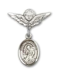 Sterling Silver Baby Badge with St. Alphonsus Charm and Angel with Wings Badge Pin