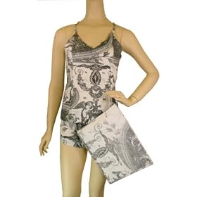 Buy Black Toile French Elegant Design Baby Doll Pajamas Shorts and Camisole set with travel pouch... by PD
