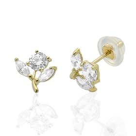 14K Gold Stud Earring White CZ Flower And Leaves Yellow Gold Earring With Screw-Back For Kids & Teens