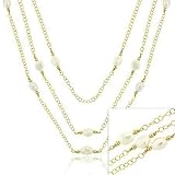 Vermeil (24k Gold over Sterling Silver) Genuine Freshwater Cultured White Pearl Nugget Stone Rolo Link Bead Dangle 3 Strand Necklace 16-19