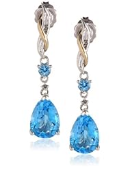 S&G Sterling Silver and 14k Yellow Gold Diamond and Swiss Blue Topaz Pear Shape Drop Earrings (0.01cttw, I-J Color, I3 Clarity)