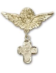 14K Gold Baby Badge with 4-Way Charm and Angel with Wings Badge Pin