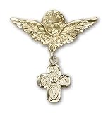 Gold Filled Baby Badge with 4-Way Charm and Angel w/Wings Badge Pin