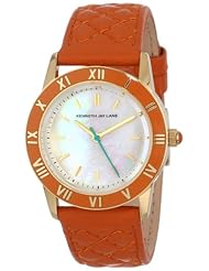 Kenneth Jay Lane Womens KJLane-3409 White Mother-Of-Pearl Dial Orange Quilted Leather Watch