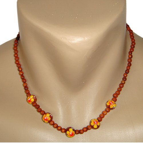 Hawaiian Koa Wood Bead Yellow Hibiscus Flower Necklace