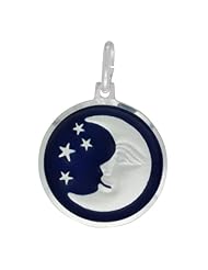 Sterling Silver Blue Enamel Moon & Star Pendant Made in Italy, 3/4 inch Round Made in Italy, Free 24 inch Surgical Steel Chain