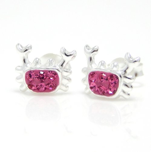 Pro Jewelry .925 Sterling Silver "Pink Crystal Crab" Stud Earrings for Children & Women ECCN CB 12