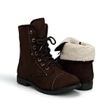 Combat Style Fur Cuffed Lace Up Ankle Boot Brown