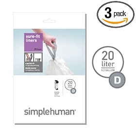 simplehuman Custom Fit Trash Can Liner D, 20 Liters / 5.3 Gallons, 20-Count (Pack of 3)