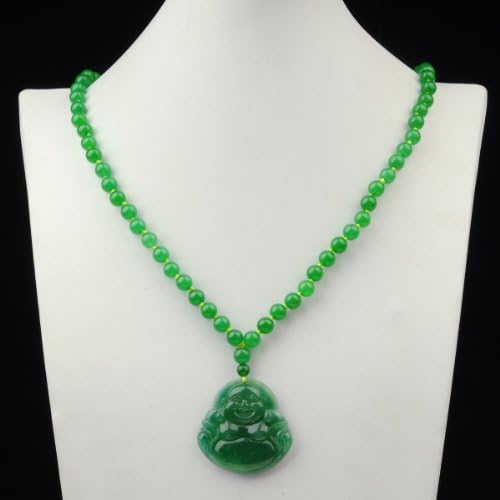 Hydia Round 8mm Green Malaysian Jade Laughing Buddha Pendant Necklace 30 Inch