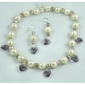Pearl and Lavender Heart Choker and Earrings