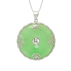 Sterling Silver Green Jade Medium Disc Pendant with Butterflies and Good Luck... by Amazon.com Collection