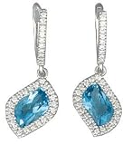 14K White Gold Designer Hand-Crafted Dangling Earrings, Enhanced with Pave Set Diamonds and Blue Topaz Stones.(GH-Color, SI-Clarity, c.t.t.w 0.27CT, Blue Topaz 2.33CT).