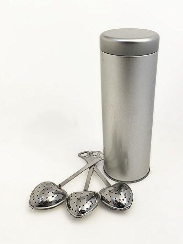 3 Pack Stainless Steel Heart Shaped Tea Infusers. Shipped in a Tall Stainless Steel Tea Tin for Storing Your Loose Leaf Tea.
