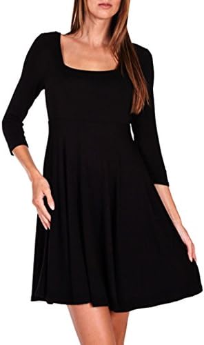 Essential Womens Solid Square Neck 3/4 Sleeve Fit & Flare Swing Dress (S, Black)