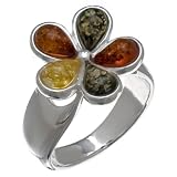 Certified Genuine Multicolor Amber and Sterling Silver 5-leaf Flower Ring