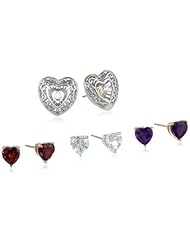 Multi-Plating Sterling Silver White Topaz, Garnet and African Amethyst One Jacket and Three Interchangeable Heart Stud Earrings Jewelry Set