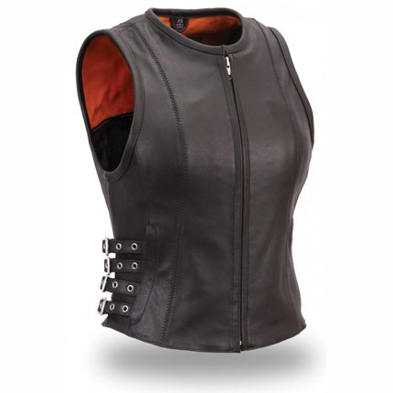 Womens Leather Motorcycle Swat Vest with Buckled Sides and Zipper Front - Black, 4X On Sale