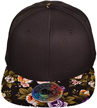 BK Caps Cotton Flat Bill Floral Snapback Hats (Front is Black and Brim is Flower Black) - 3528