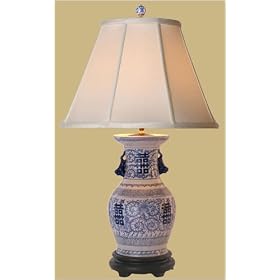 Unique Wedding / Anniversary Gift - 29" Ming Chinese Blue & White Double Happiness Symbol Lamp