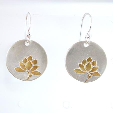 Round Lotus Flower Dangle Earrings in Sterling Silver and 24kt Vermeil, #8807