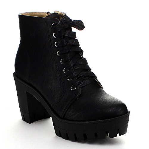 STYLUXE AIKISON Women's Fashion Chunky Heel Platform Lace Up Ankle Booties, Color:BLACK, Size:7