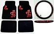 Red Hearts Combo - Front & Rear Carpet Floor Mats & Steering Wheel Cover