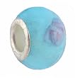 Pandora Style Charm Bead (Z161) Murano Style Lampwork Glass (14mm x 10mm) (fits Troll too) ~ Light Aqua with Pink Flower and Metallic Aqua Stripe