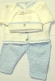 Cpk73, Knitted on Hand Knitting Machine Natural Chenille Finished By Hand Crochet with Blue Chenille Boys Cardigan Hat with Contrast Pant Trimmed with Antique Brass Teddy Bear Button