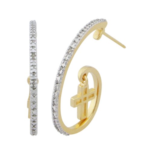 18k Yellow Gold Plated Sterling Silver Diamond Accent Cross Earrings