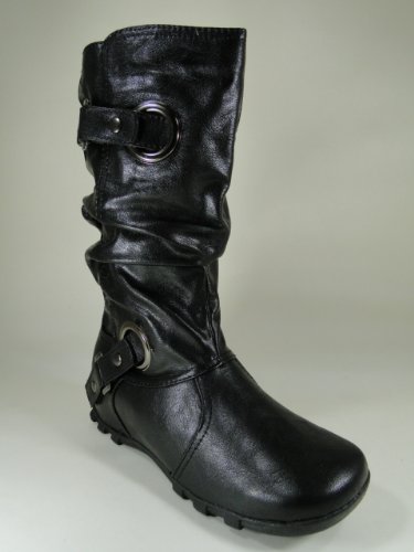 New Womens Black Buckle Boots #F56