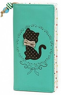 Beautiful Paradise Cute Cartoon Cat Dot Two Folding Zipper Leather Purse Wallet for Women Girls (long green)