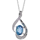 14ct White Gold 18 in. Chain & 3/4 in. (20mm) tall Swirl Pendant, w/ 0.07 Carat Brilliant Cut Diamonds & 0.92 Carat Oval Cut (7x5mm) Blue Topaz Stone