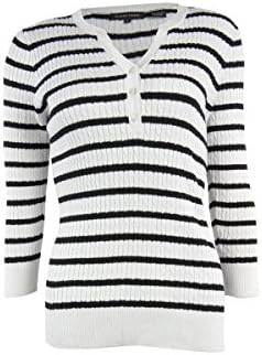 Jeanne Pierre Women's Three Button Striped Knit Sweater (S, White/Black)