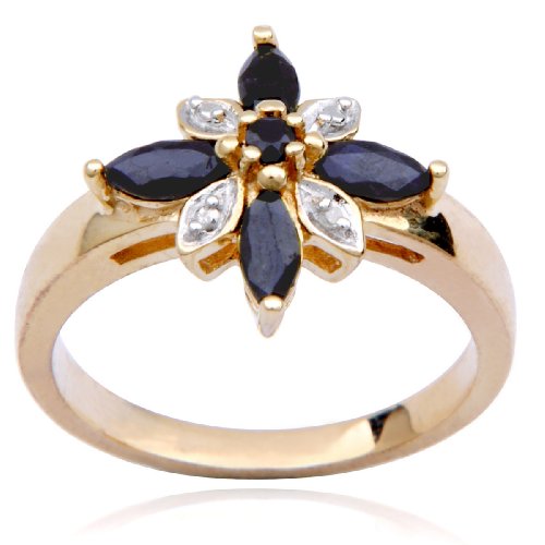 18k Yellow Gold Plated Sterling Silver Sapphire and Diamond-Accent Flower Ring, Size 7